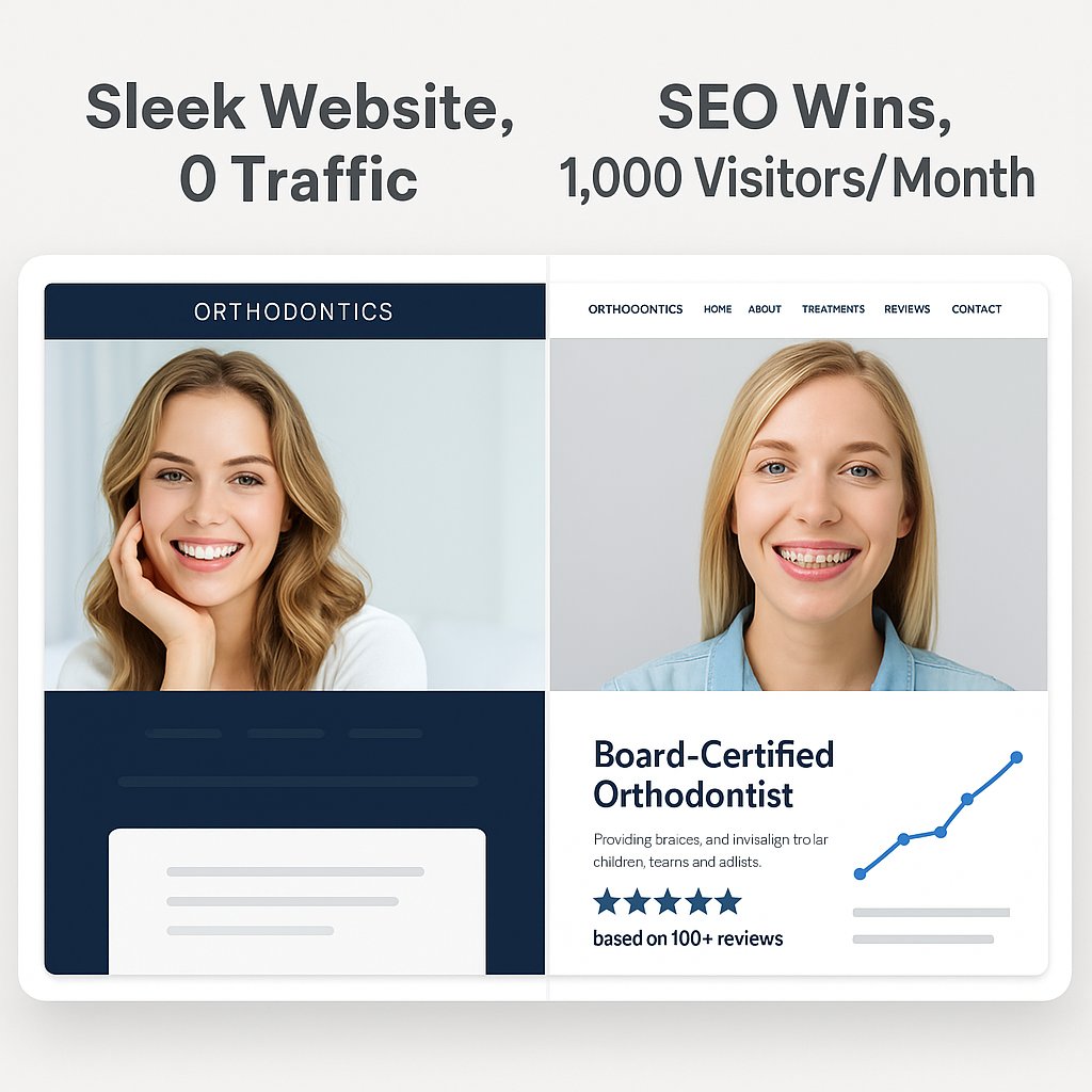 Side-by-side comparison of two orthodontic websites — one with a modern design and zero traffic, and the other with simpler design but strong SEO, 5-star reviews, and 1,000+ monthly visitors.