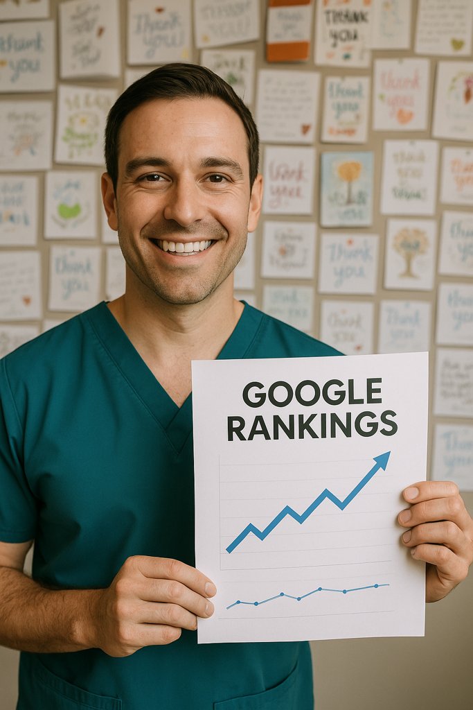 Smiling orthodontist in Frisco texas holding a printout of rising Google rankings, standing in front of a wall filled with colorful thank-you cards from patients — symbolizing growth through SEO success.