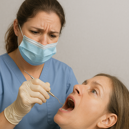 Registered Dental Assistant struggling to adjust lingual braces on a patient in a modern orthodontic clinic, highlighting the difficulty of lingual braces treatment.