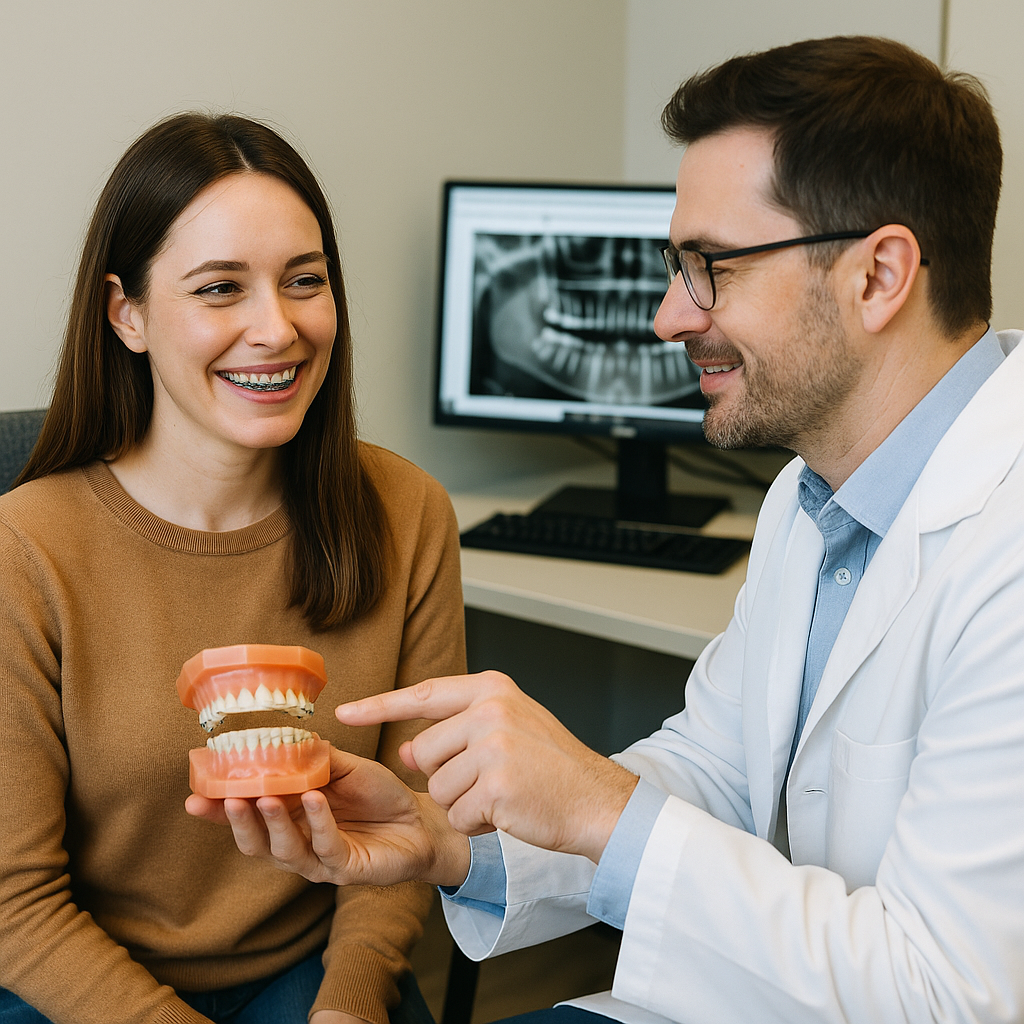 Adult patient smiling during an orthodontic consultation while the orthodontist shows a typodont model with braces in a dental office.
